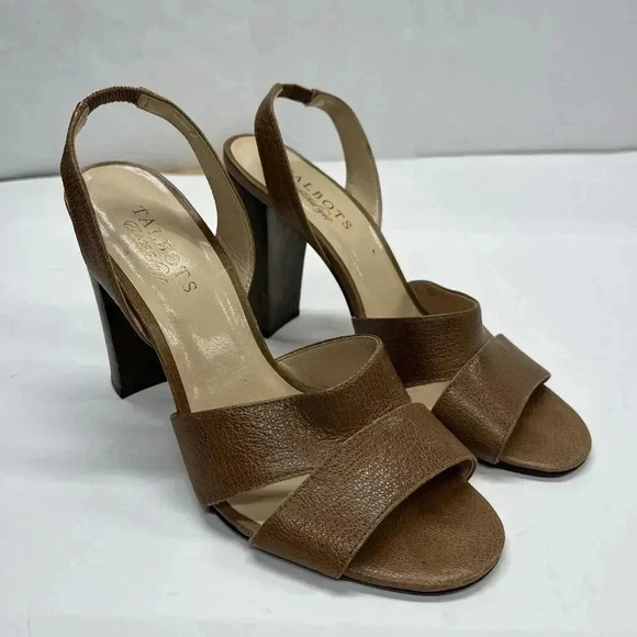Talbots Leather Beige Strappy Sandals Wood Block Heel size 7.5 - Picture 1 of 13
